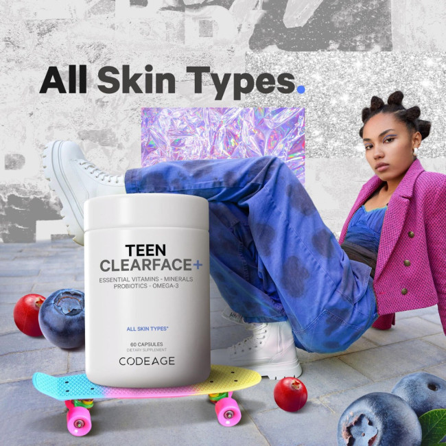 Codeage Teen Clearface Daily Multivitamin & Minerals, Complex De Multivitamine Pentru Adolescenti Pentru Ten Sanatos, 60 Cps