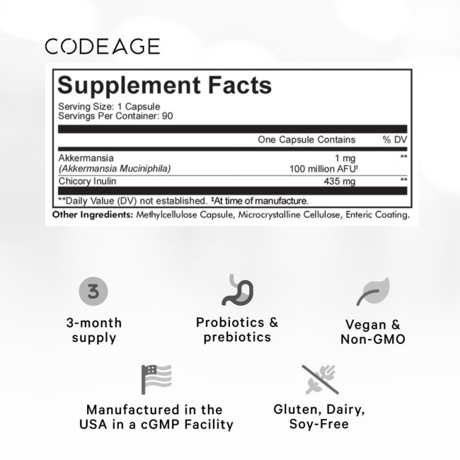 Codeage Akkermansia Probiotic, Probiotic De Noua Generatie Pentru Echilibru Intestinal Si Sustinerea Barierei Mucoase, 90 Cps
