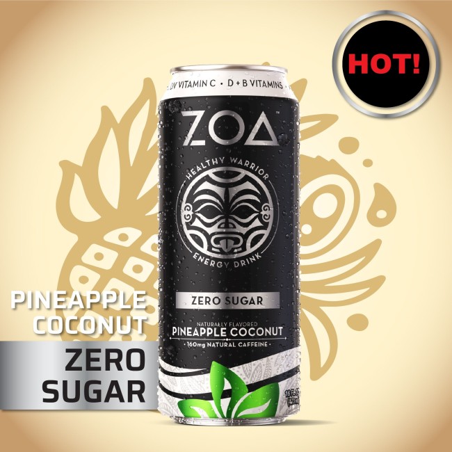 Zoa Energy Drink Zero Sugar  Bautura Energizanta 0 Zahar Cu Aroma De Cocos Si Ananas, 473ml