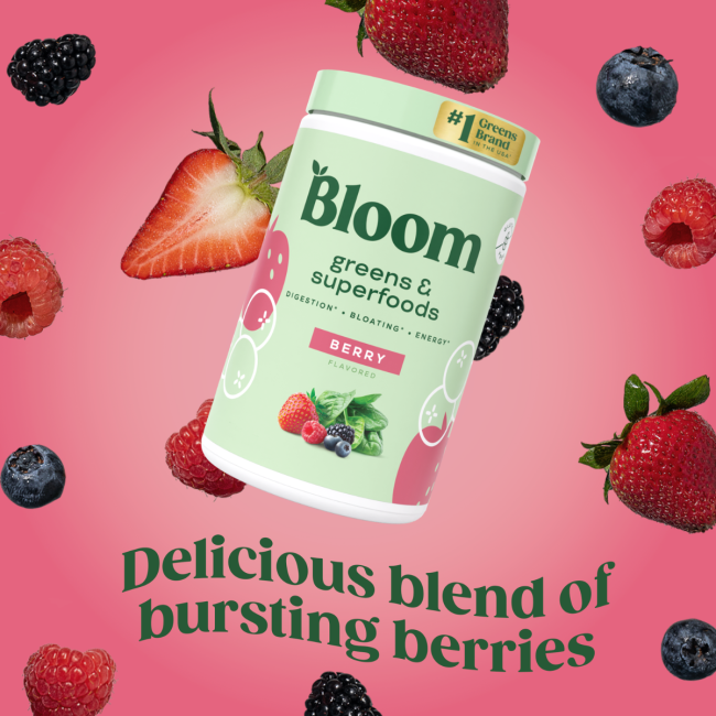 Bloom Greens & Superfoods – Berry Flavor, Amestec De Super-alimente Verzi Cu Aroma De Fructe De Padure, 136 G