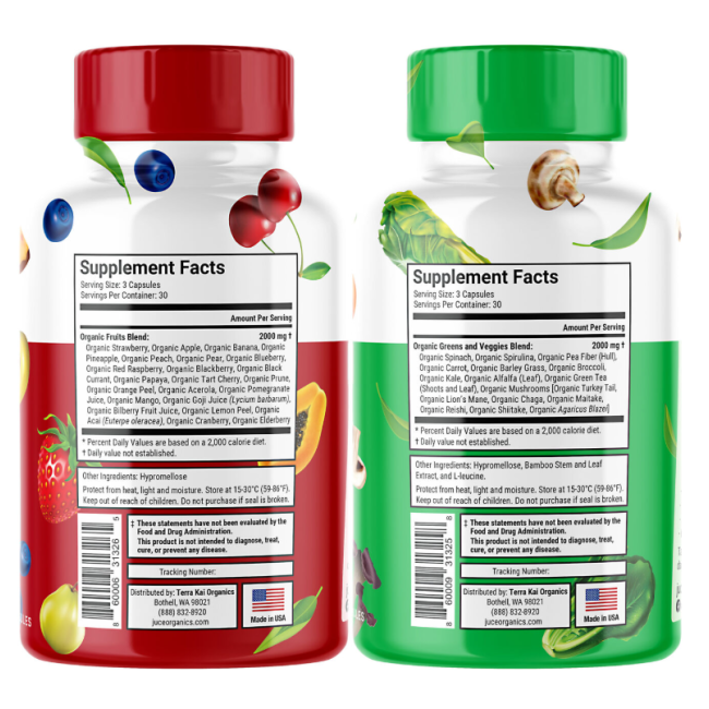 Terra Kai Organics Juce Super Fruits And Veggies, Complex De Fructe Si Legume Organice, 180 Cps Terra Kai Organics Juce Super Fruits And Veggies, Complex De Fructe Si Legume Organice, 180 Cps