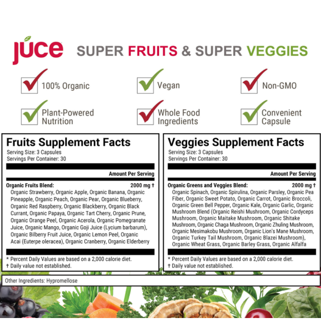 Terra Kai Organics Juce Super Fruits And Veggies, Complex De Fructe Si Legume Organice, 180 Cps Terra Kai Organics Juce Super Fruits And Veggies, Complex De Fructe Si Legume Organice, 180 Cps