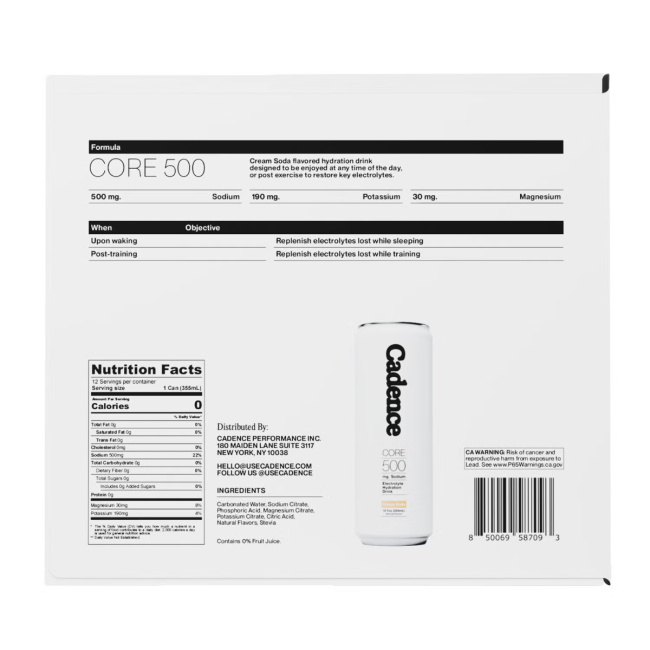 Cadence Core Electrolyte Hydration, Bautura Hidratanta Cu Aroma De Cream Soda, 355 Ml