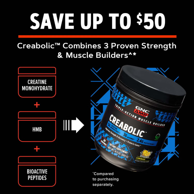 Gnc Amp Creabolic, Formula Premium De Creatina Monohidrata, Hmb, Peptistrong Pentru Forta Si Masa Musculara, Cu Aroma De Limonada, 405 G