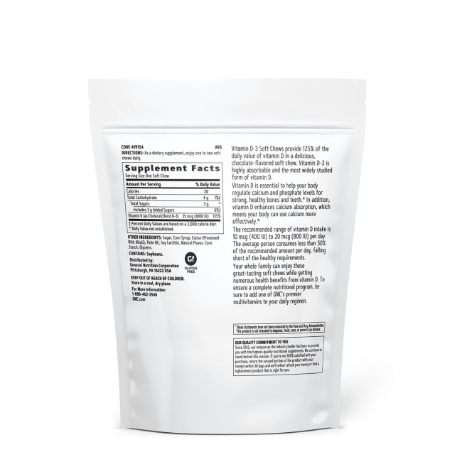 Gnc Vitamin Soft Chews D-3 1000 Iu, Vitamina D-3 1000 Ui Naturala 100% Din Lanolina, Cu Aroma De Ciocolata, 60 Caramele Gnc Vitamin Soft Chews D-3 1000 Iu, Vitamina D-3 1000 Ui Naturala 100% Din Lanolina, Cu Aroma De Ciocolata, 60 Caramele