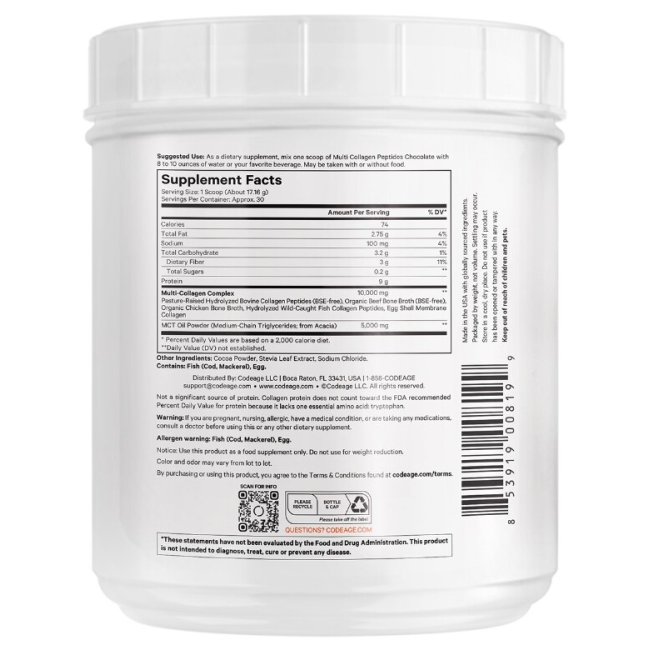 Codeage Hydrolyzed Multi Collagen - 5 Types Collagen Peptides + Mct Oil , Colagen Hidrolizat Din 5 Surse Sub Forma De Peptide + Mct Oil , Cu Aroma De Ciocolata, 515 G