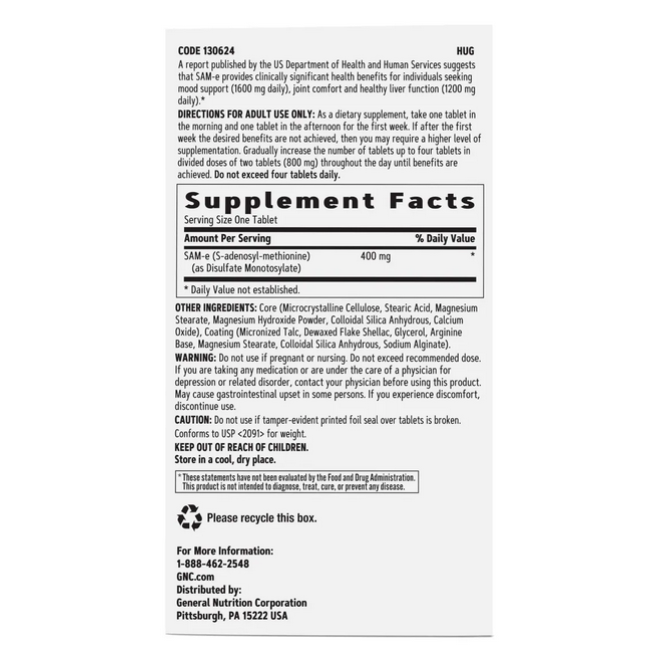 Gnc Sam-e 400 Mg, S-adenozil-metionina Sam-e, 30 Tb Gnc Sam-e 400 Mg, S-adenozil-metionina Sam-e, 30 Tb