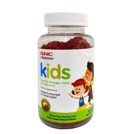 Gnc Milestones Kids Gummy Omega+dha For Kids 2-12, Jeleuri Cu Omega Dha Pentru Dezvoltarea Cognitiva Si Sanatatea Ochilor La Copii, Cu Aroma Naturala De Fructe De Padure Si Lamaie, 120 Jeleuri