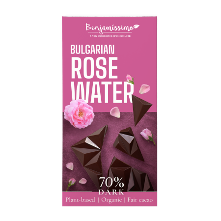 Ciocolata neagra 70% cu apa de trandafir, bio, 60g, Benjamissimo Ciocolata neagra 70% cu apa de trandafir, bio, 60g, Benjamissimo