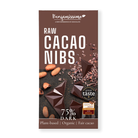 Ciocolata neagra 75% cu cacao nibs, bio, 60g, Benjamissimo Ciocolata neagra 75% cu cacao nibs, bio, 60g, Benjamissimo