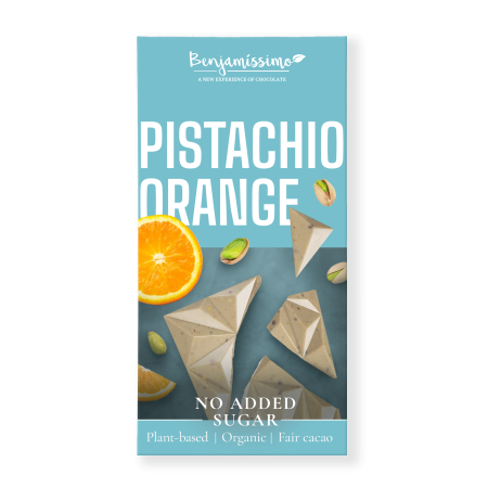 Ciocolata alba cu fistic si portocale, bio, 60g, Benjamissimo Ciocolata alba cu fistic si portocale, bio, 60g, Benjamissimo
