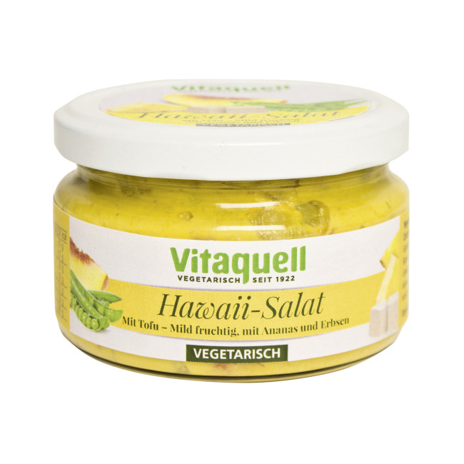 Salata hawaiiana cu tofu, ananas, piersici si mazare 200g Vitaquell Salata hawaiiana cu tofu, ananas, piersici si mazare 200g Vitaquell
