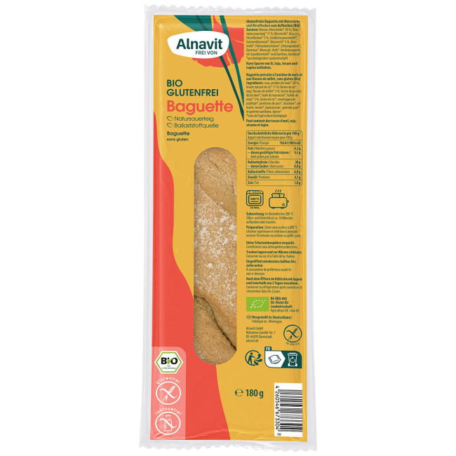 Bagheta fara gluten, precoapta, bio, 180g Alnavit