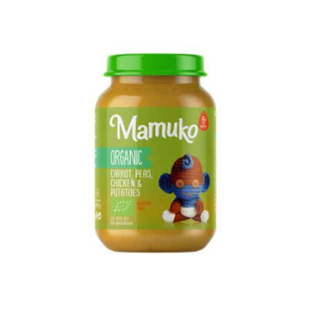 Piure de morcovi, mazare, cartofi cu pui, bio, 190g, Mamuko Piure de morcovi, mazare, cartofi cu pui, bio, 190g, Mamuko