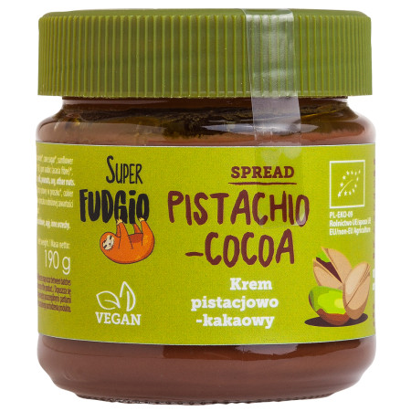 Crema tartinabila de ciocolata cu fistic si cacao, bio, 190g, Super Fudgio Crema tartinabila de ciocolata cu fistic si cacao, bio, 190g, Super Fudgio