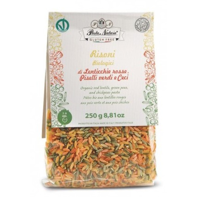 Paste Risoni tricolore cu mazare, linte si naut 250g Pasta Natura