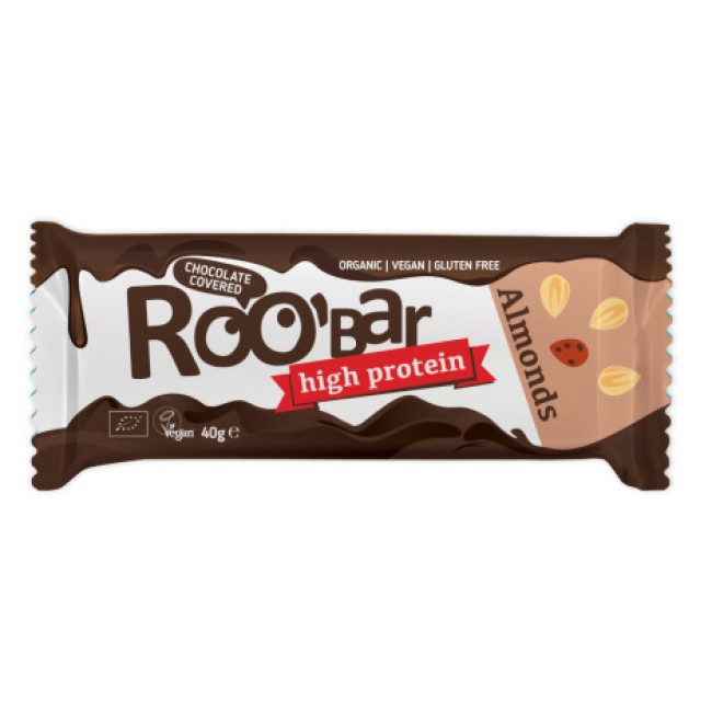 Baton proteic cu migdale invelit in ciocolata bio 40g Roobar