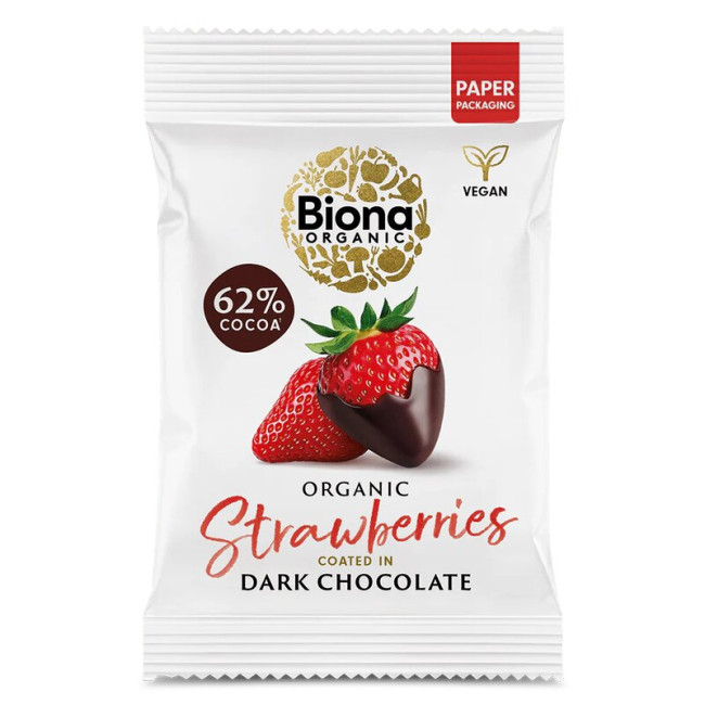 Capsuni invelite in ciocolata neagra bio 45g Biona