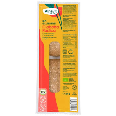 Ciabatta rustica fara gluten, precoapta, bio 180g 2 buc. Alnavit