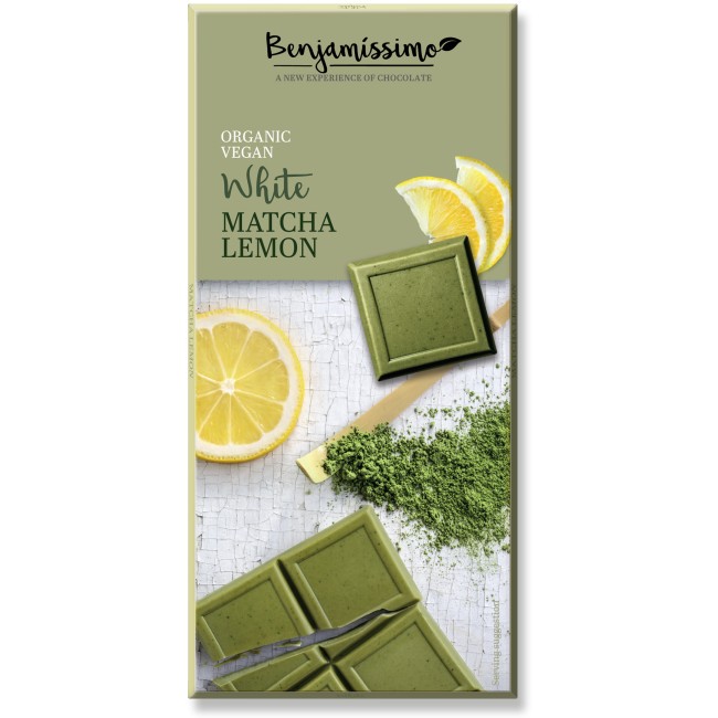 Ciocolata alba cu matcha si lamaie bio, 70g, Benjamissimo