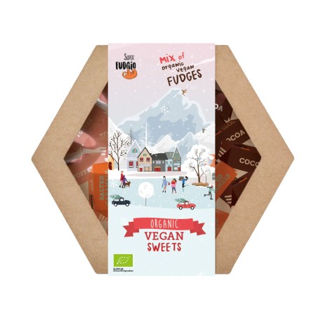 Cutie cadou de Craciun cu caramele asortate, bio, 195g, Super Fudgio Cutie cadou de Craciun cu caramele asortate, bio, 195g, Super Fudgio
