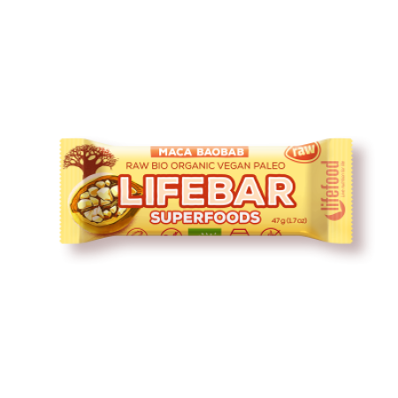 Lifebar plus baton cu fructe maca si baobab raw eco 47g Lifebar plus baton cu fructe maca si baobab raw eco 47g