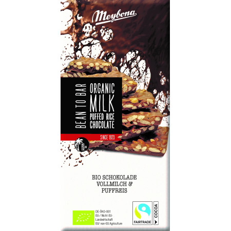 Ciocolata cu lapte si orez expandat, bio, 70g, Meybona