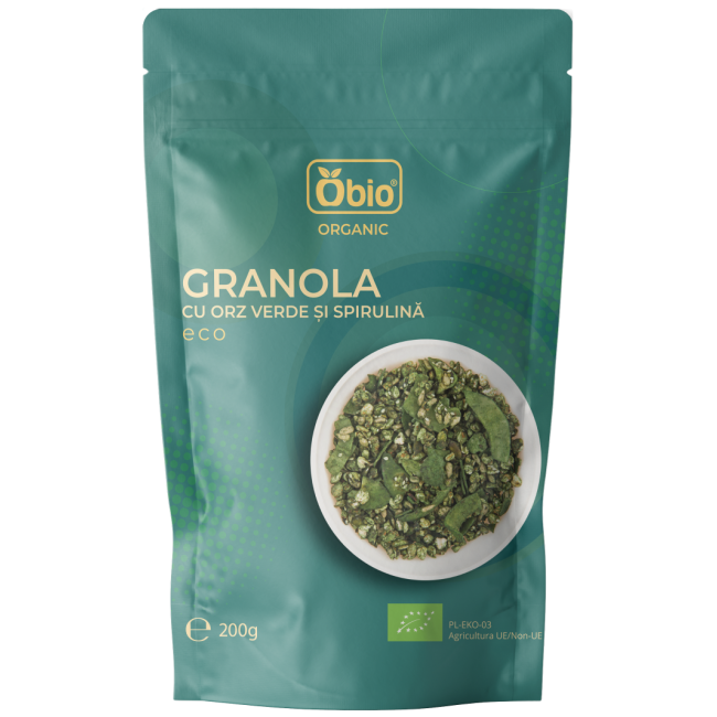Granola cu orz verde si spirulina bio 200g Obio Granola cu orz verde si spirulina bio 200g Obio