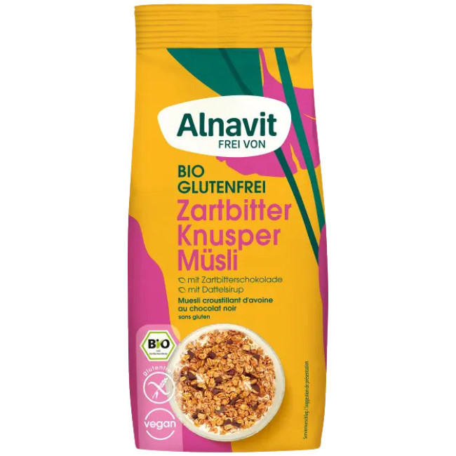 Musli crocant cu ciocolata neagra fara gluten bio 300g Alnavit Musli crocant cu ciocolata neagra fara gluten bio 300g Alnavit