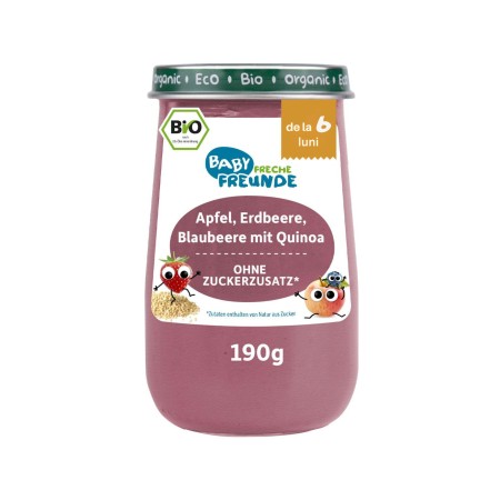 Piure de mere, capsuni, afine cu quinoa bio 190g Erdbar Piure de mere, capsuni, afine cu quinoa bio 190g Erdbar