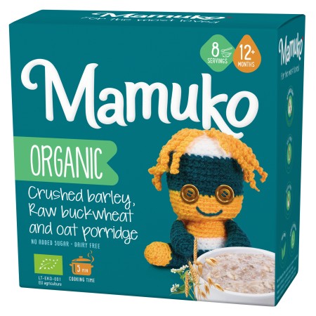 Porridge din 3 cereale cu fulgi de ovaz, hrisca si orz bio, 12+ luni, 200g Mamuko Porridge din 3 cereale cu fulgi de ovaz, hrisca si orz bio, 12+ luni, 200g Mamuko