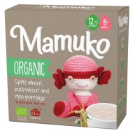 Porridge din 3 cereale, spelta, hrisca si orez bio, 6+ luni, 200g Mamuko