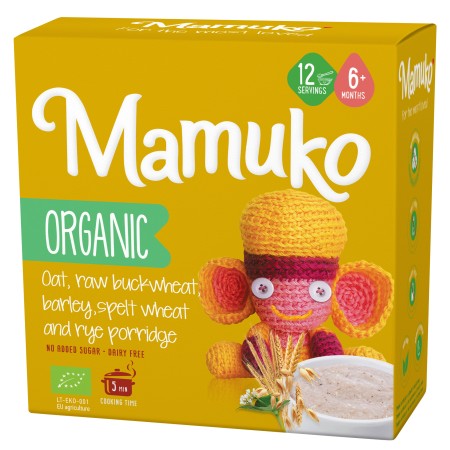 Porridge din 5 cereale ovaz, hrisca, orz, spelta si secara bio, 6+ luni, 200g Mamuko Porridge din 5 cereale ovaz, hrisca, orz, spelta si secara bio, 6+ luni, 200g Mamuko