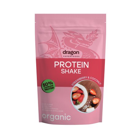 Shake proteic capsuni si cocos bio 450g Dragon Superfoods - 50% proteine Shake proteic capsuni si cocos bio 450g Dragon Superfoods - 50% proteine