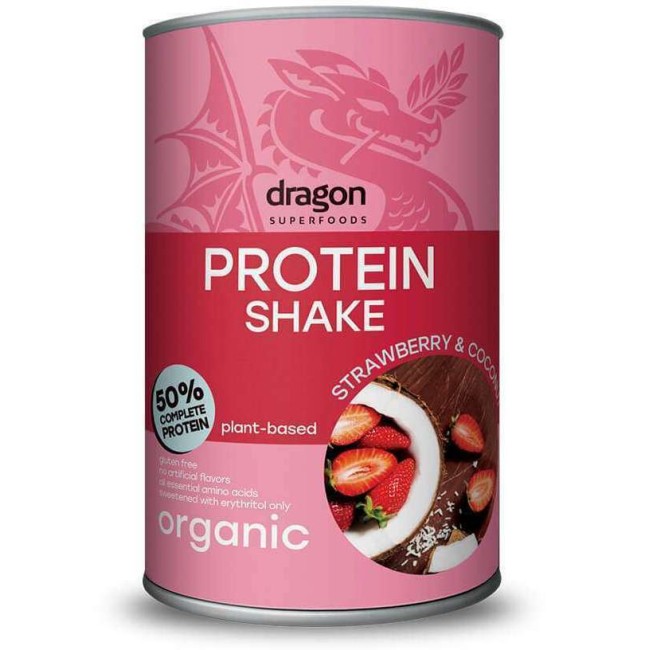 Shake proteic capsuni si cocos bio 450g Dragon Superfoods - 50% proteine