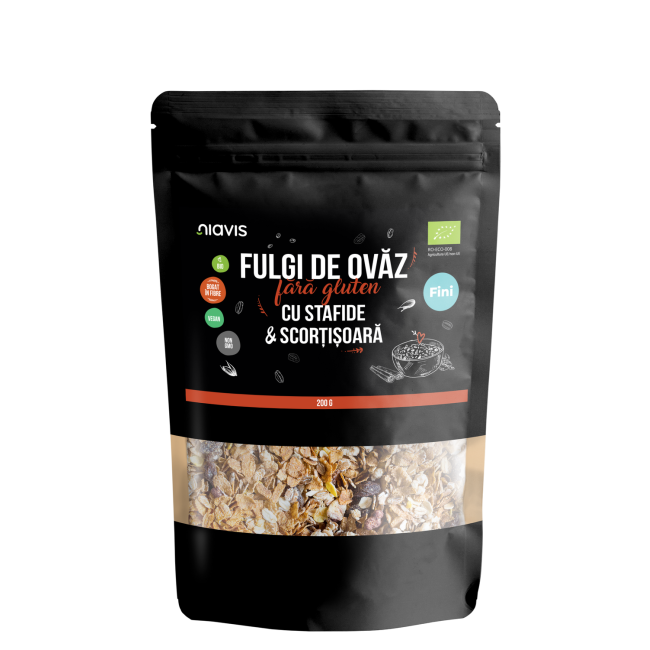 Fulgi de Ovaz Fini Fara Gluten cu Stafide si Scortisoara Ecologici/Bio 200g Fulgi de Ovaz Fini Fara Gluten cu Stafide si Scortisoara Ecologici/Bio 200g