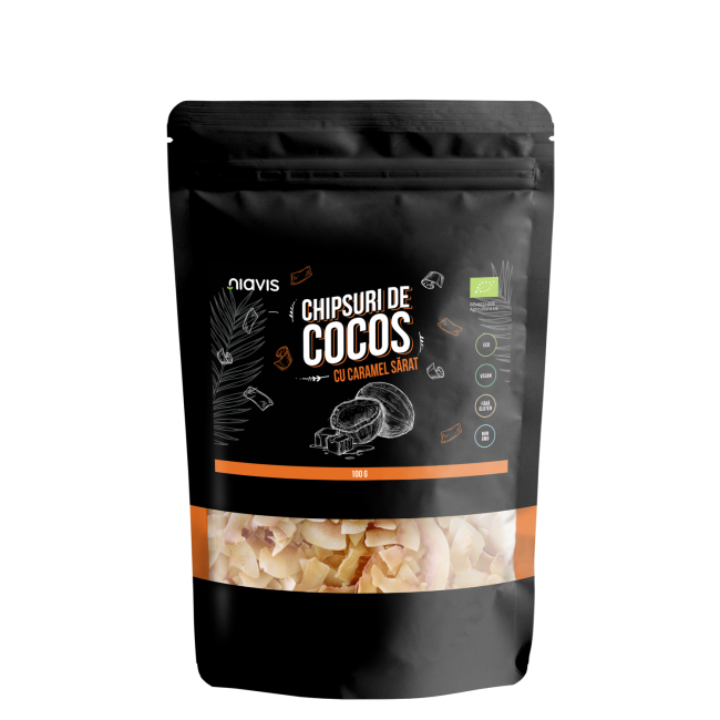 Chipsuri de Cocos cu Caramel Sarat Ecologice/BIO 100g Chipsuri de Cocos cu Caramel Sarat Ecologice/BIO 100g