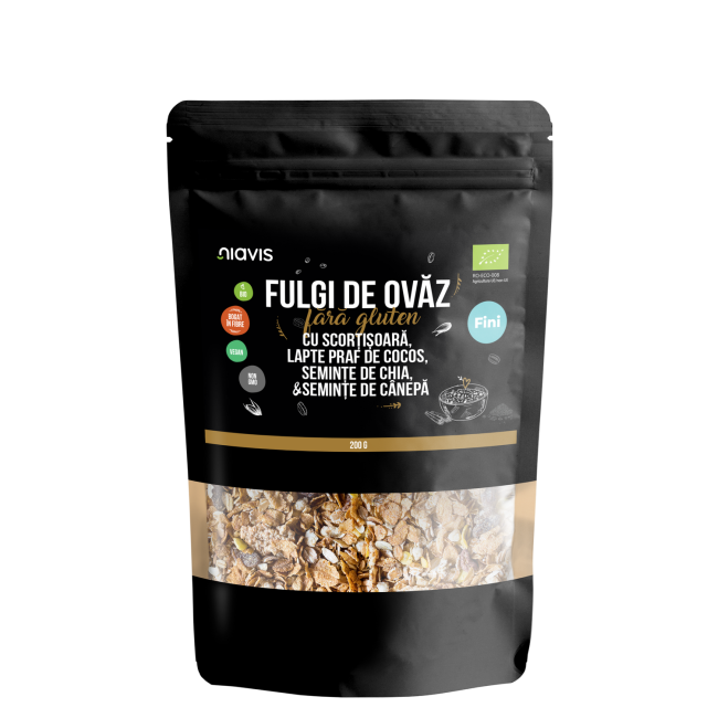 Fulgi de Ovaz Fini Fara Gluten cu Scortisoara, Lapte Praf de Cocos, Chia si Seminte de Canepa Ecologici/Bio 200g Fulgi de Ovaz Fini Fara Gluten cu Scortisoara, Lapte Praf de Cocos, Chia si Seminte de Canepa Ecologici/Bio 200g