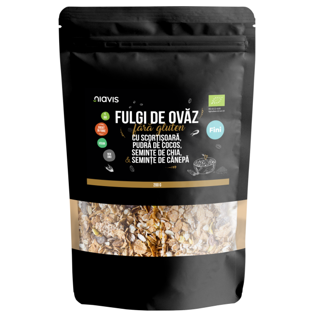 Fulgi de Ovaz Fini Fara Gluten cu Scortisoara, Lapte Praf de Cocos, Chia si Seminte de Canepa Ecologici/Bio 200g Fulgi de Ovaz Fini Fara Gluten cu Scortisoara, Lapte Praf de Cocos, Chia si Seminte de Canepa Ecologici/Bio 200g