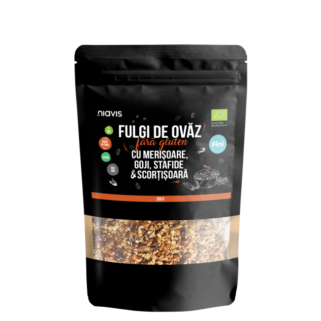 Fulgi de Ovaz Fini Fara Gluten cu Merisoare, Goji, Stafide si Scortisoara Ecologici/Bio 200g