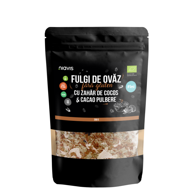 Fulgi de Ovaz Fini Fara Gluten cu Zahar de Cocos si Cacao Ecologici/Bio 200g Fulgi de Ovaz Fini Fara Gluten cu Zahar de Cocos si Cacao Ecologici/Bio 200g