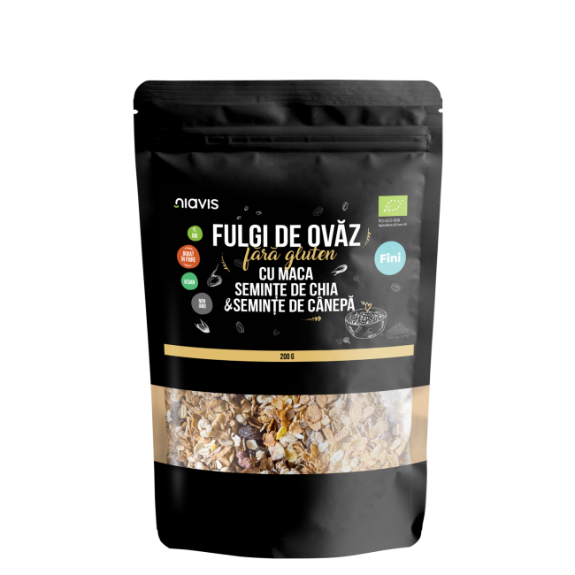 Fulgi de Ovaz Fini Fara Gluten cu Maca, Chia si Seminte de Canepa Ecologici/Bio 200g Fulgi de Ovaz Fini Fara Gluten cu Maca, Chia si Seminte de Canepa Ecologici/Bio 200g