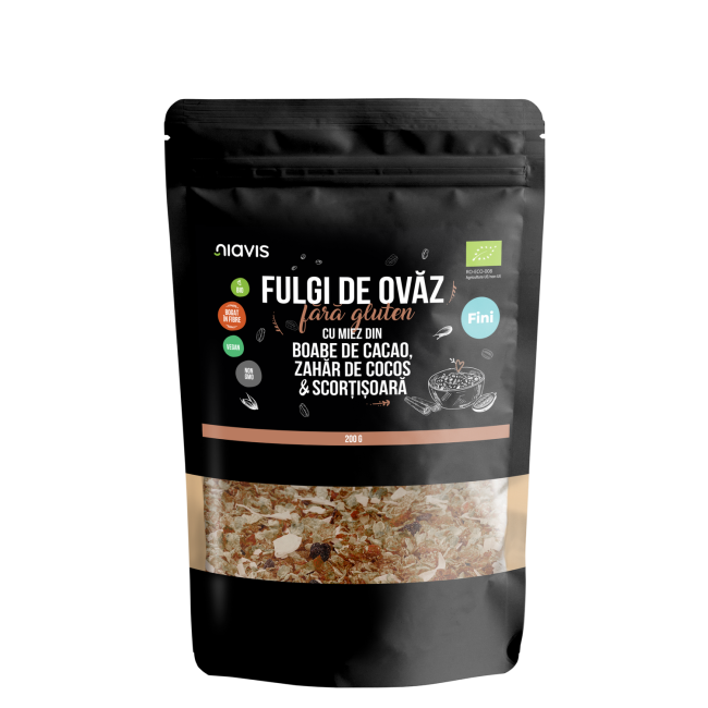 Fulgi de Ovaz Fini Fara Gluten cu Miez din Boabe de Cacao, Zahar de Cocos si Scortisoara Ecologici/Bio 200g Fulgi de Ovaz Fini Fara Gluten cu Miez din Boabe de Cacao, Zahar de Cocos si Scortisoara Ecologici/Bio 200g