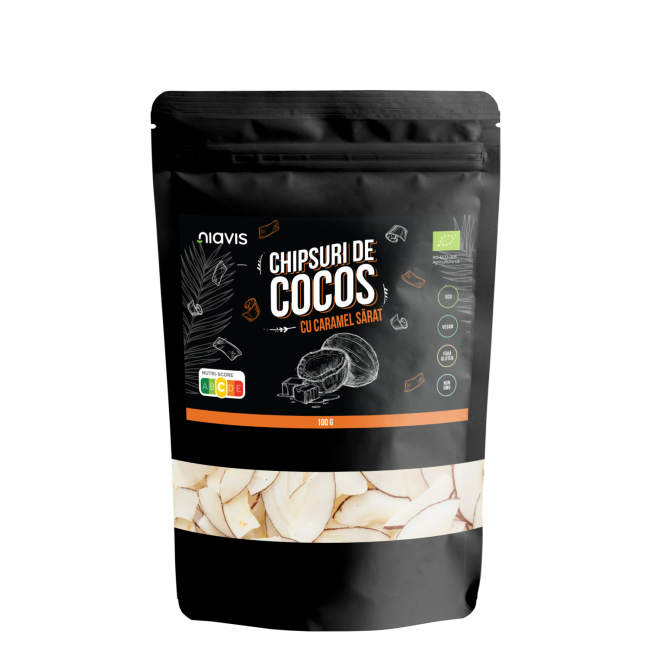 Chipsuri de Cocos cu Caramel Sarat Ecologice/BIO 100g Chipsuri de Cocos cu Caramel Sarat Ecologice/BIO 100g